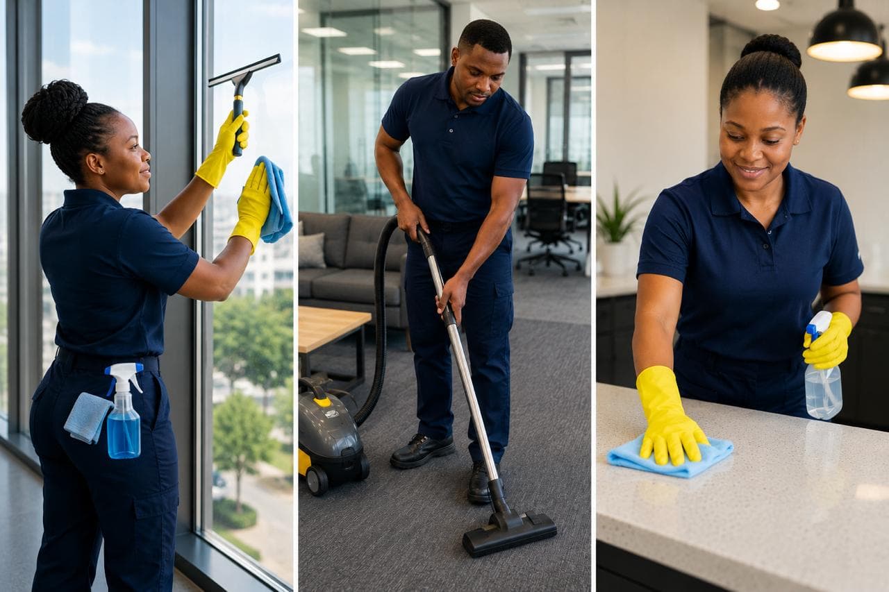 Cleaning team in uniform cleaning a dining room